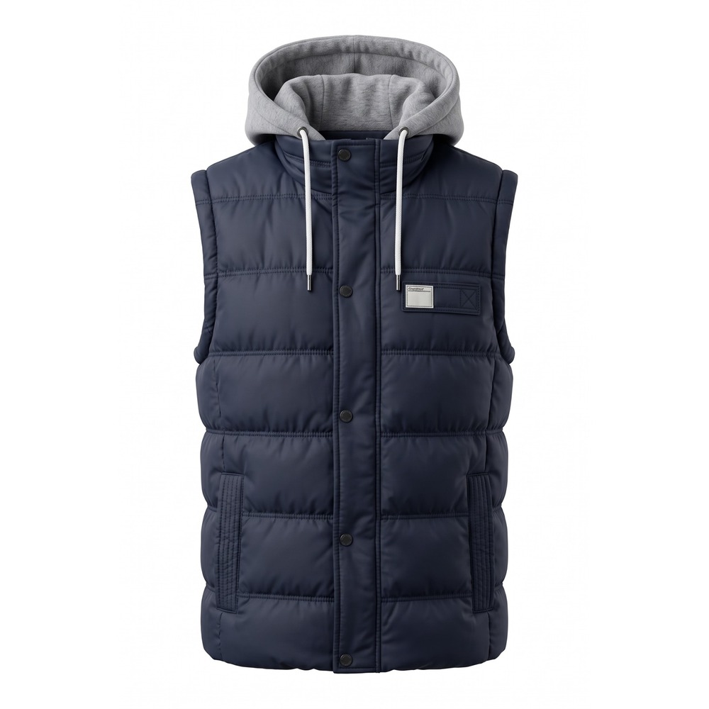 Wantdo Navy Blue Quilted Puffer Vest with Grey Jersey Hooded Large Womens